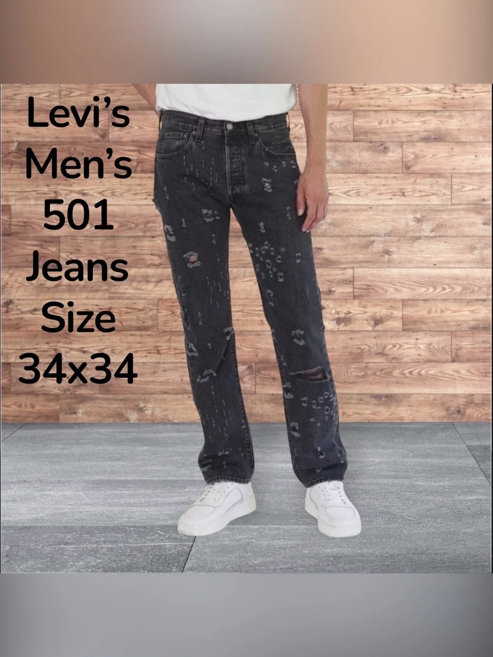 Levis Mens 501 Original Black Distressed Jeans Sz 34 x 34 NWT